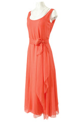 Prettiest 1970s George Stavropoulos Coral Silk Chiffon Dress Capelet & Sash