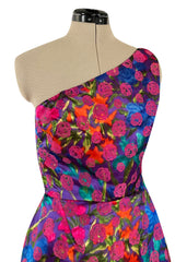 Prettiest 1970s Bergdorf Goodman One Shoulder Silk Brocade Woven Pink Rose Dress