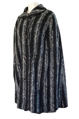 1960s La Mendola Grey Toned Feather Print Dress Cape & Turban Set