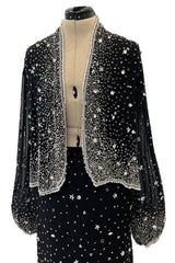 Gorgeous 1983 Halston Beaded Black Silk Chiffon Skirt & Jacket Set w Balloon Sleeves