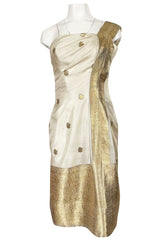 1960s Stavropoulos Gold Embroidered Ivory Silk One Shoulder Dress & Coat
