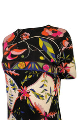 1960s Emilio Pucci Unusual Bright Floral & Black Print Silk Jersey Dress