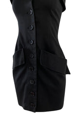 Spring 1985 Yves Saint Laurent Black Cotton Button Front Strapless Mini Dress w Pockets