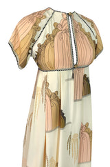 1960s Jean Varon Slit Front Empire Waist Art Deco Print Dress