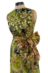 Fabulous 1960s Unlabeled Metallic Green Organza Dress Set w Matching Hot Pants & Gold Trim