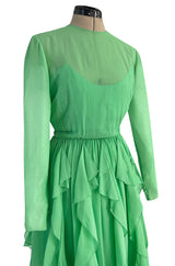 Spring 1981 Bill Blass Pastel Green Silk Chiffon Dress w Elaborate Vertically Set Ruffled Skirt