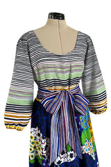 Numbered 1970s Lanvin by Jules-Francois Crahay Stripe & Flower Balloon Sleeve Dress