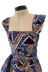 Resort 1983 Yves Saint Laurent Blue Printed Cotton Hip Swag Sarong Dress