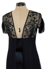 Stunning 1990s Valentino Black Silk Chiffon Dress w Sheer Beaded Net Bodice