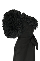 1980s Morton Myles Dramatic Ruffled and Bowed One Shoulder Dress