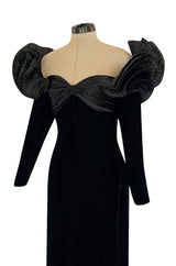 Dramatic 1980s Nina Ricci Black 'Garda' Velvet Dress w Pleated Silk Taffeta Ruffled Shoulders