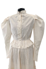 Gorgoeus Early 1980s Vicky Tiel Ivory Silk Pouf Shoulder Button Top & Pleated Skirt Set