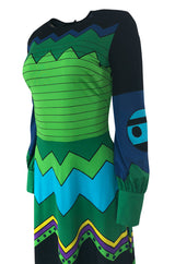 1970s Louis Feraud Turquoise & Green Printed Jersey Maxi Dress