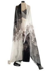 Spring 2000 Hanae Mori Haute Couture Forest & Butterfly Print Silk Chiffon Dress & Silk Huge Scarf