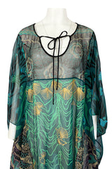 1980s Zandra Rhodes Hand Painted Shell & Floral Green Silk Caftan Dress