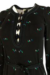 1970s Jean Muir Printed Jersey Dress w Incredible Art Deco Buttons