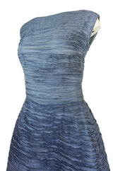 c.1965 Sybil Connolly Couture Bow Detailed Blue Pleated Irish Linen Dress