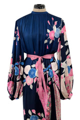 Incredible 1970s Hanae Mori Finest Possible Blue Silk Caftan Dress w Pink Floral Print