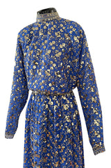 Stunnng 1980s Givenchy Gold Sequin on Blue Silk Chiffon Skirt & Top Dress Set