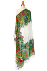 Huge 1970s Yves Saint Laurent Elaborate Print Cotton Scarf w Edging