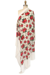 Huge 1970s Yves Saint Laurent Silk Red Rose Print Ivory Scarf
