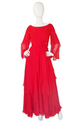 1970s Michael Novarese Tiered Red Silk Chiffon Dress