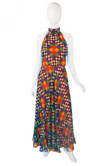 1970s Gino Charles Graphic Chiffon Haler Dress
