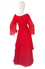 1970s Michael Novarese Tiered Red Silk Chiffon Dress