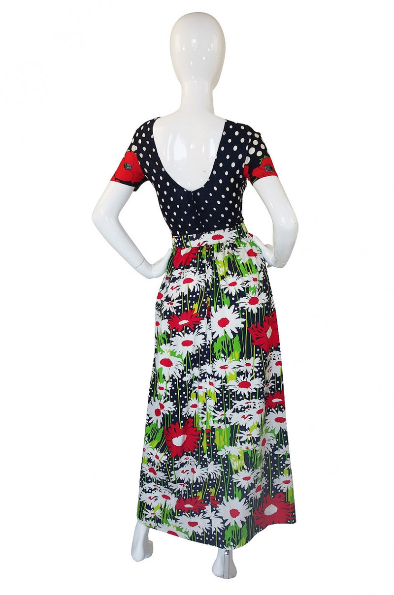 1970s Dot and Floral J. Tiktiner Maxi Dress