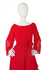 1970s Michael Novarese Tiered Red Silk Chiffon Dress