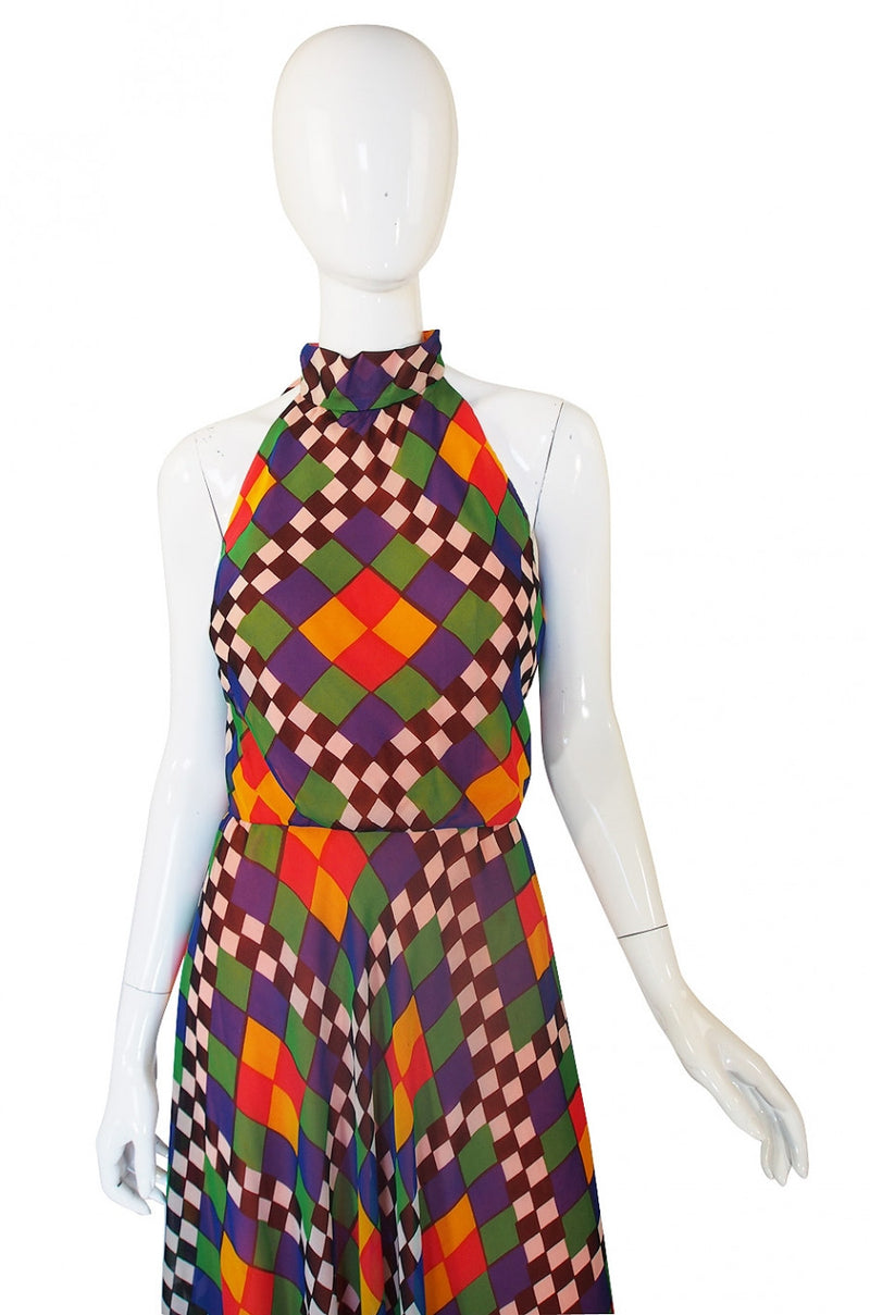 1970s Gino Charles Graphic Chiffon Haler Dress
