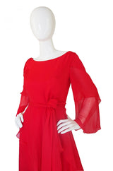 1970s Michael Novarese Tiered Red Silk Chiffon Dress