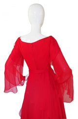 1970s Michael Novarese Tiered Red Silk Chiffon Dress