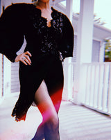 c.1988 Emanuel Ungaro Black Sequin Lace & Silk Satin Dress