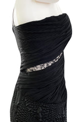 1970s James Galanos Couture Textured Puff Silk One Shoulder Dress w Transparent Lace Inset