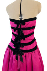 Prettiest Fall 1980 Oscar de la Renta Strapless Pink Silk Matte Satin Dress w Velvet Bows