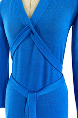 Documented Fall 1977 Halston Cashmere Sky Blue Dress w Extra Long Attached Wrap Ties