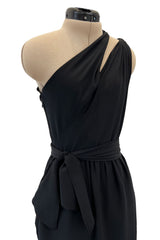 Chic 1970s Bill Blass One Shoulder Cut Out Little Black Light Weight Silk Dress w Silk Sash Tie