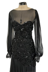 Gorgeous 1980s Loris Azzaro Black Silk Chiffon & Sequin Ribbon Detail Dress