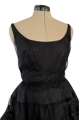 Fabulous Early 1960s Jean Louis Black Silk Chiffon Dress w Elaborate Feather Detailed Skirt