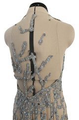 Exquisite 1985 John Anthony Nude Silk Chiffon & Net Dress w Silver Chain Rhinestones and Beads