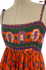 Numbered 1970s Lanvin Couture Fine & Light Silk Crepe Chiffon Printed Orange Sun Dress