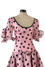 Rare Spring 1990 Yves Saint Laurent Mini Front Skirt Longer Back Pink & Black Dot Dress