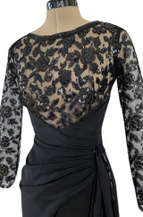 1980s Loris Azzaro Couture Black Silk & Net Sequin Floral Bodice Dress w Swag Hip Detail