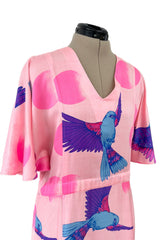 Prettiest 1970s Hanae Mori Pink Cotton Bird Print Dress w Wide Caped Sleeves