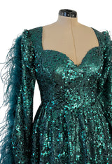 1970s Unlabeled Green Sequin Dress w Dramatic Feather Trimmed Open Extra Long Sleeve