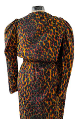 Iconic Fall 1982 Ady Couture Lausanne for Yves Saint Laurent Silk Leopard Print Dress w Draped Panel