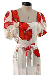 Incredible Numbered 1930s Huge Coral Flower Print Bias Cut Silk Chiffon Ivory Dress