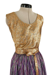 Fabulous 1970s Adolfo Metallic Gold, Green and Purple Silk Skirt, Tassle Belt & Top Set