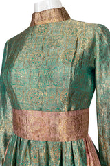 1960s George Halley Gold Metallic Blue-Green & Dusty Pink Lame Dress